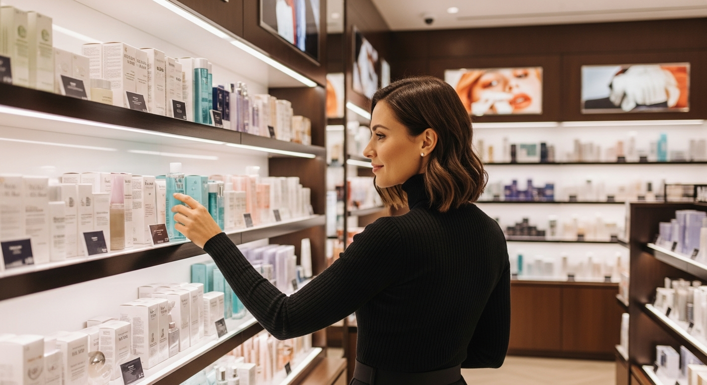 woman choosing skincare store