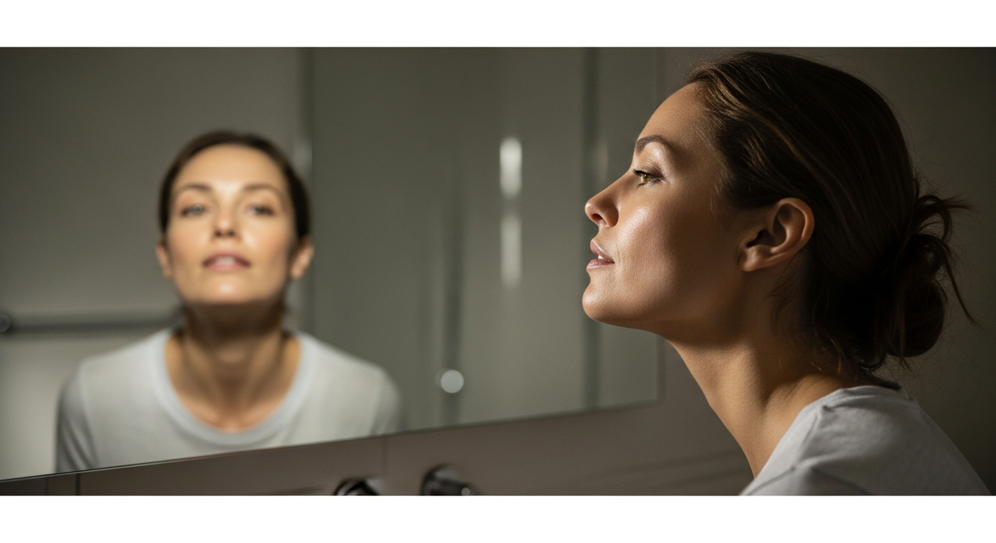 woman looking at skin in mirror morning