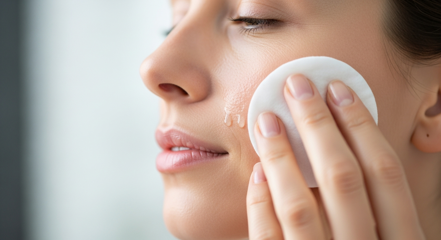 woman applying toner cotton pad close up