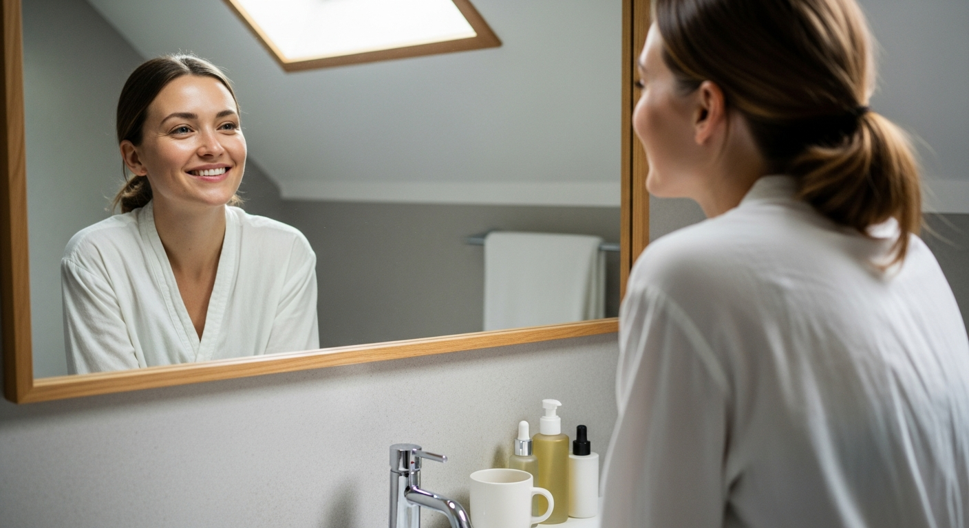 woman happy skincare bathroom morning