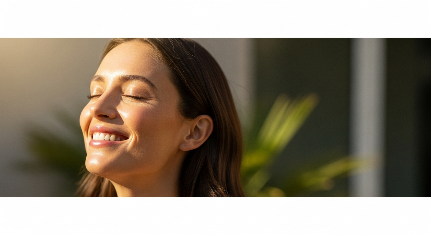 woman smiling natural skin sunlight