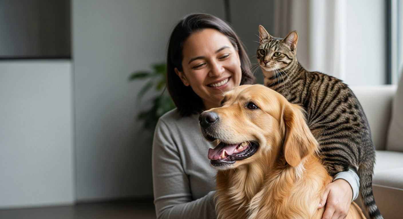 happy dog and cat with owner smiling