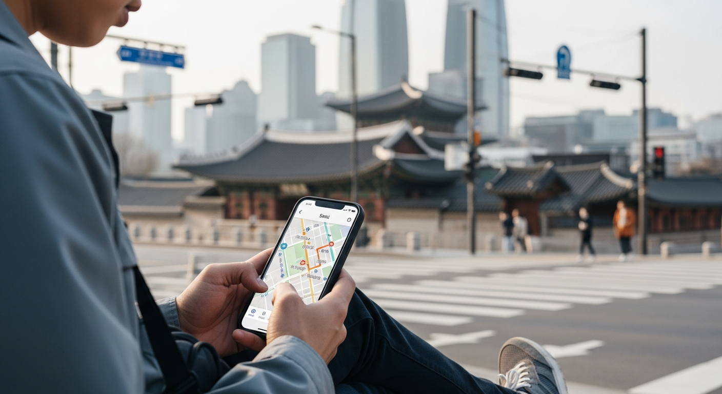 tourist looking at phone map Seoul