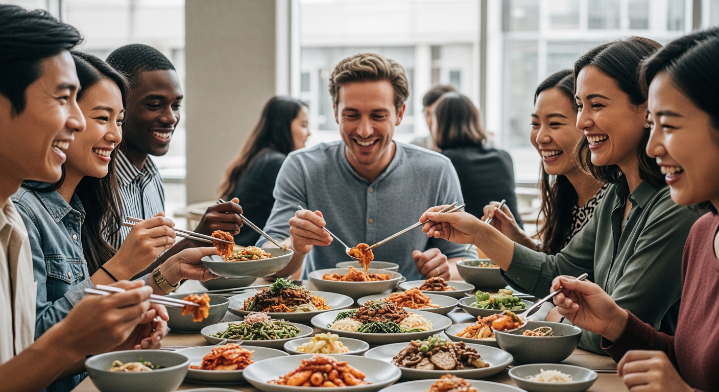 happy people eating Korean food