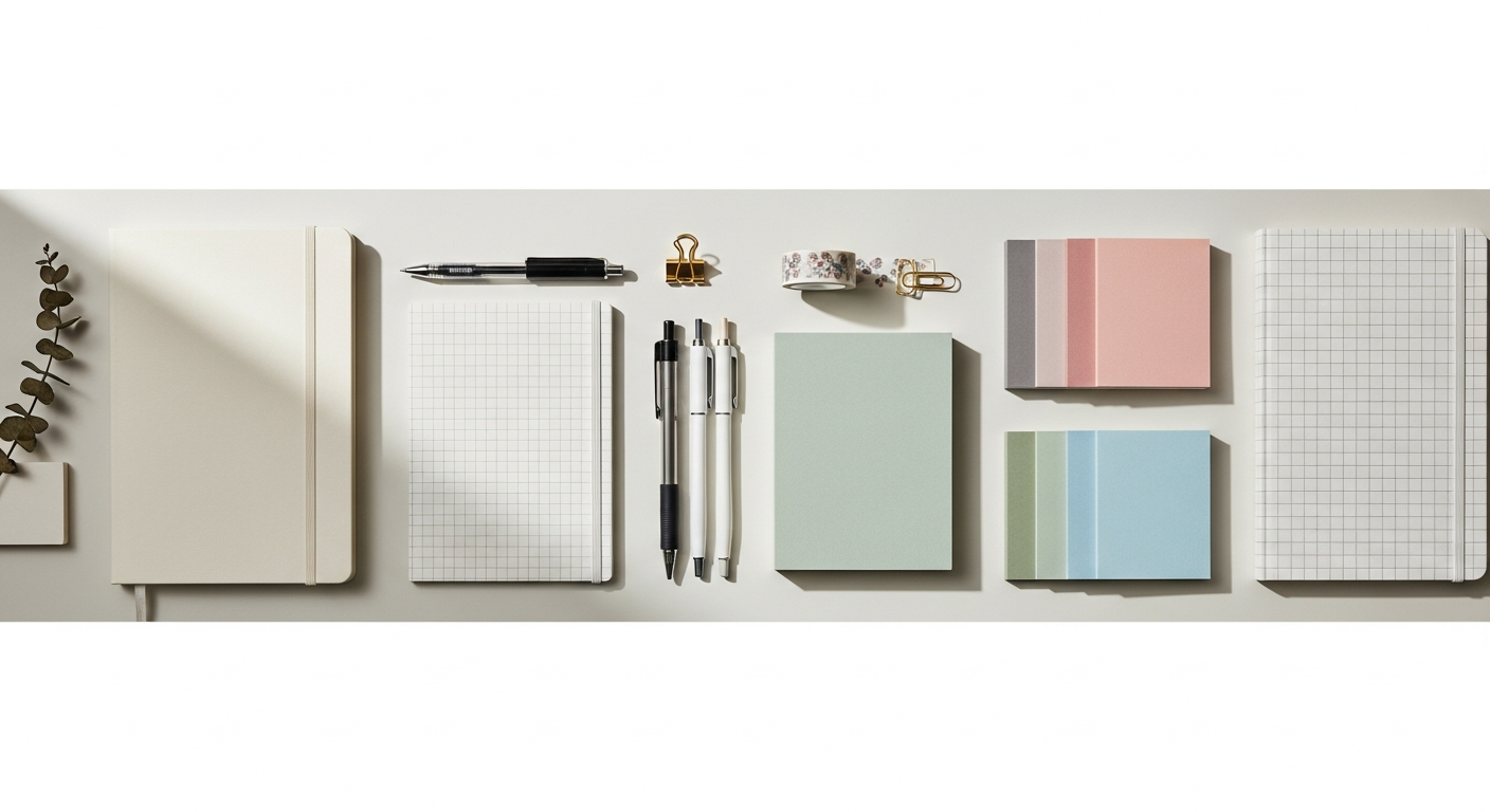korean stationery notebooks pens flatlay