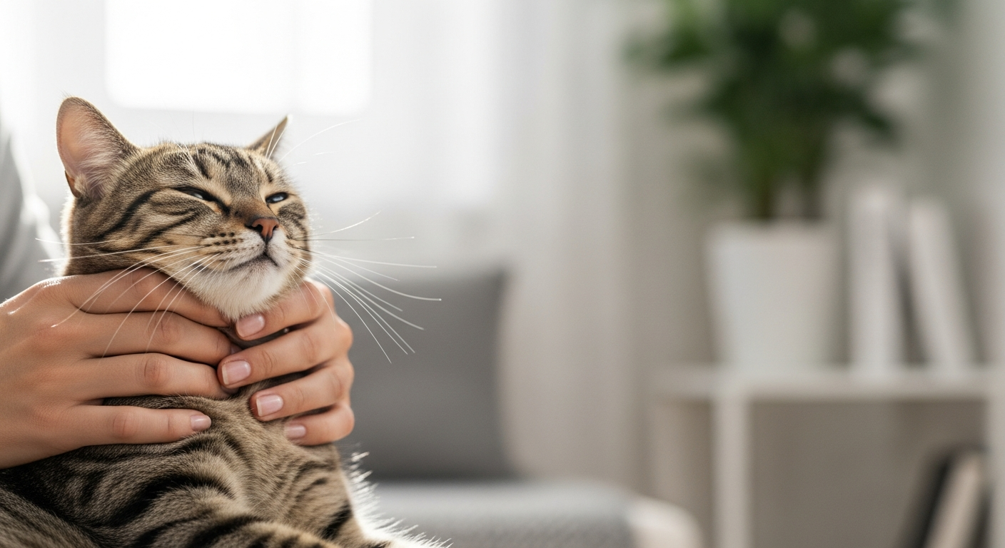 cat being gently handled at home