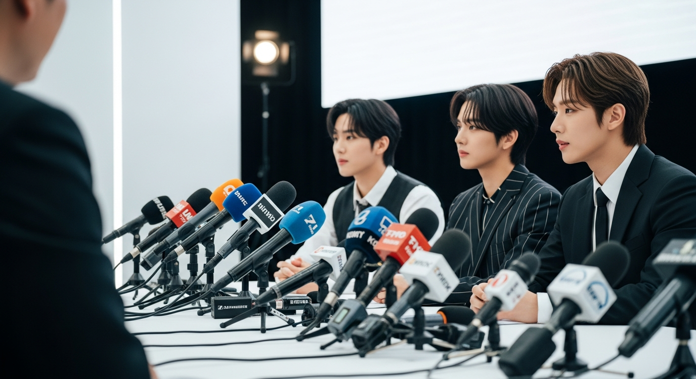 k-pop group press conference international microphones