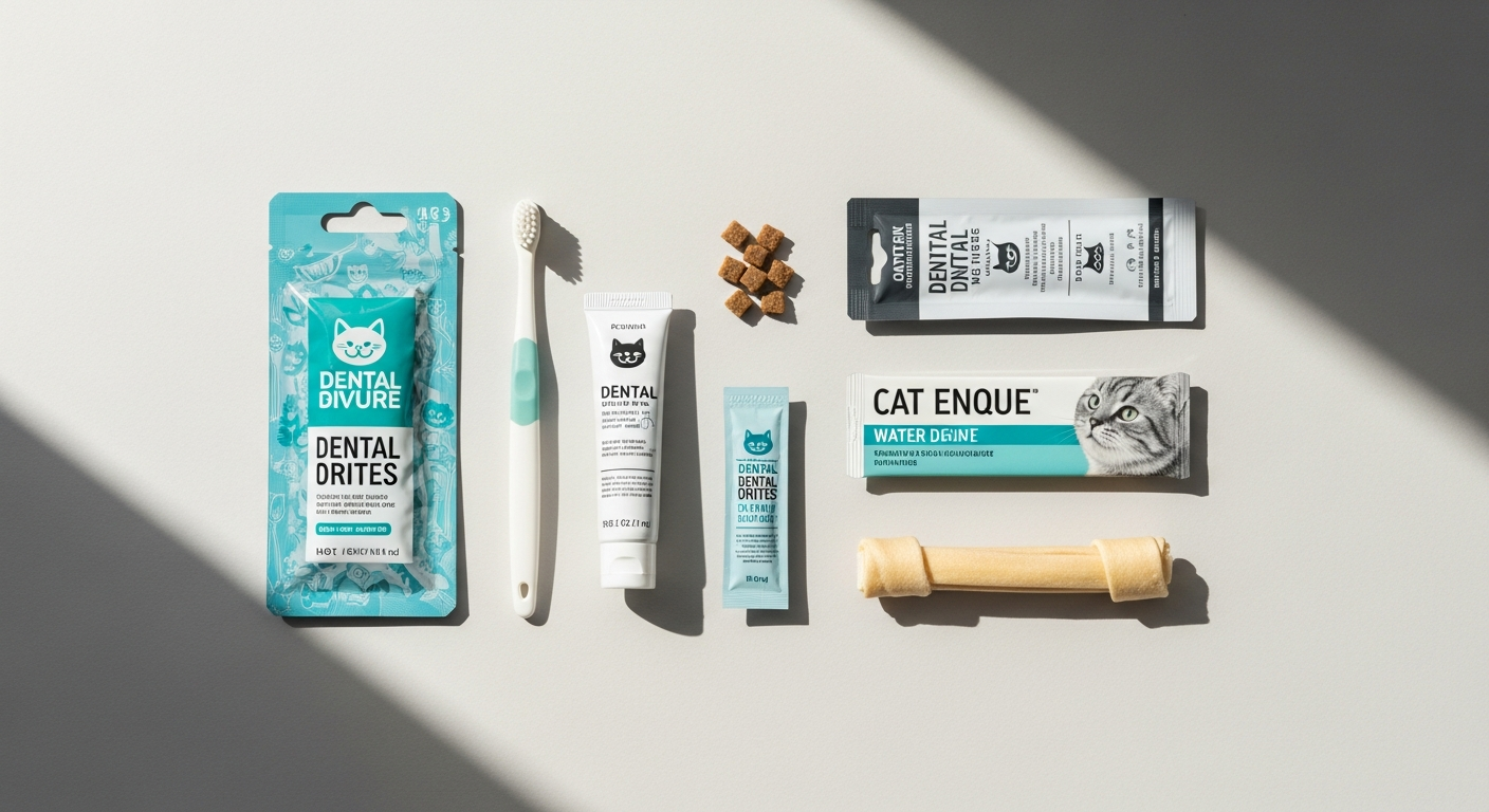 cat dental care supplies flatlay