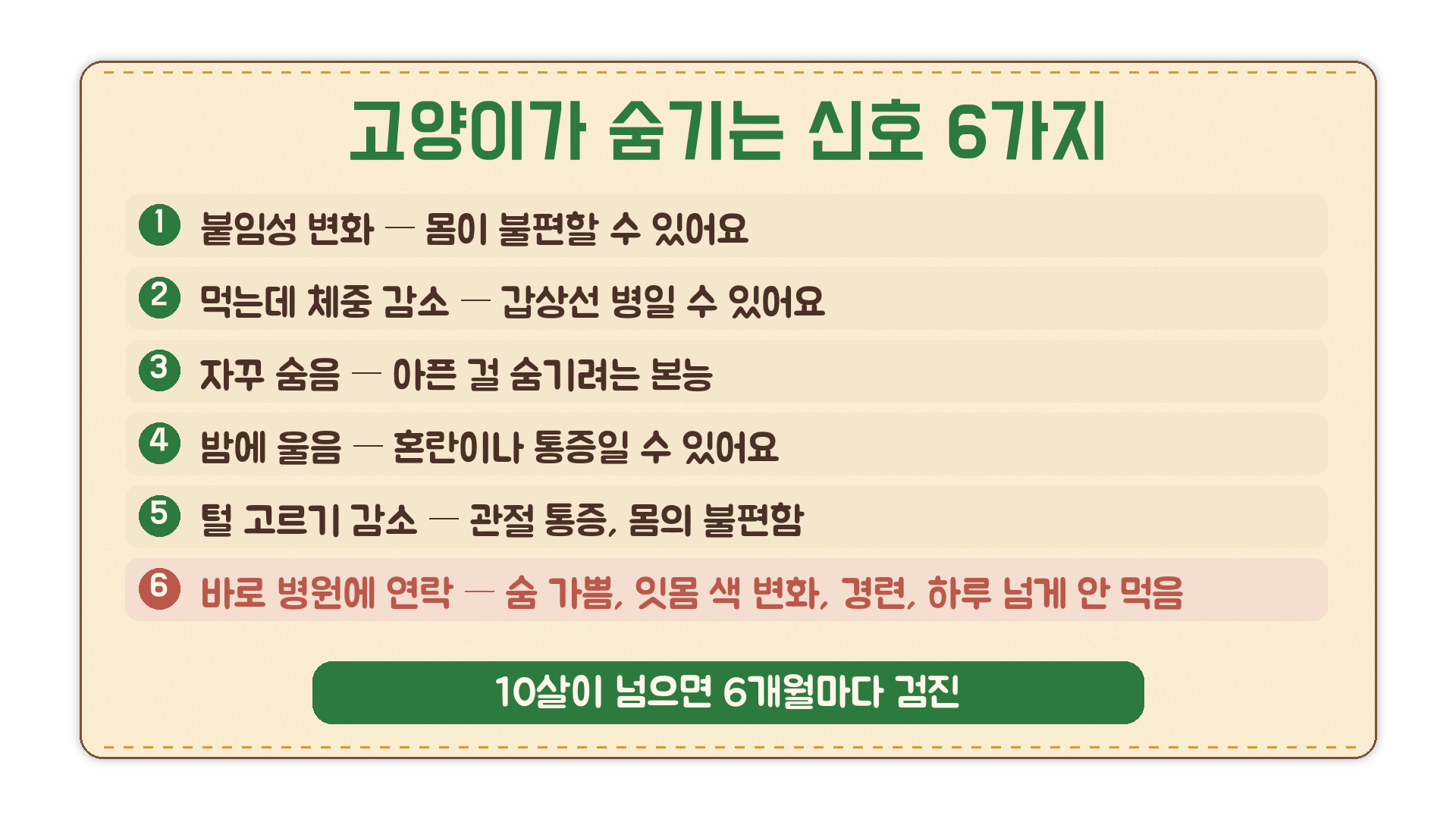 고양이가 숨기는 신호 6가지 요약 카드: 붙임성 변화, 먹는데 체중 감소, 자꾸 숨음, 밤에 울음, 털 고르기 감소, 바로 병원에 연락