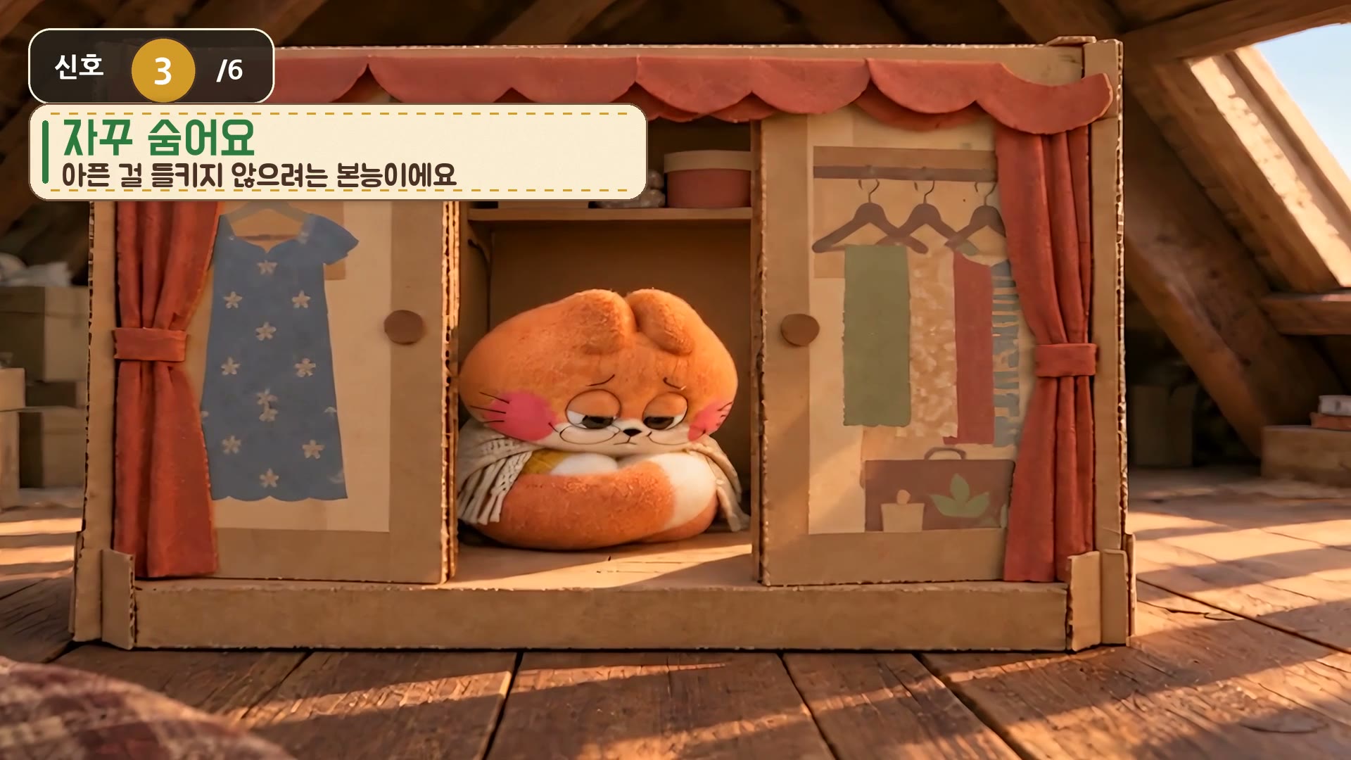 정글 프렌즈 애니메이션에서 모모가 종이 옷장 안에 웅크려 숨어 있는 장면